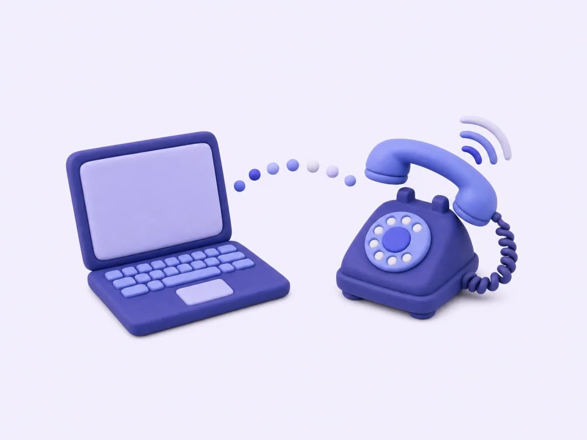 A clay laptop linked by a dotted line to a desk telephone that is ringing