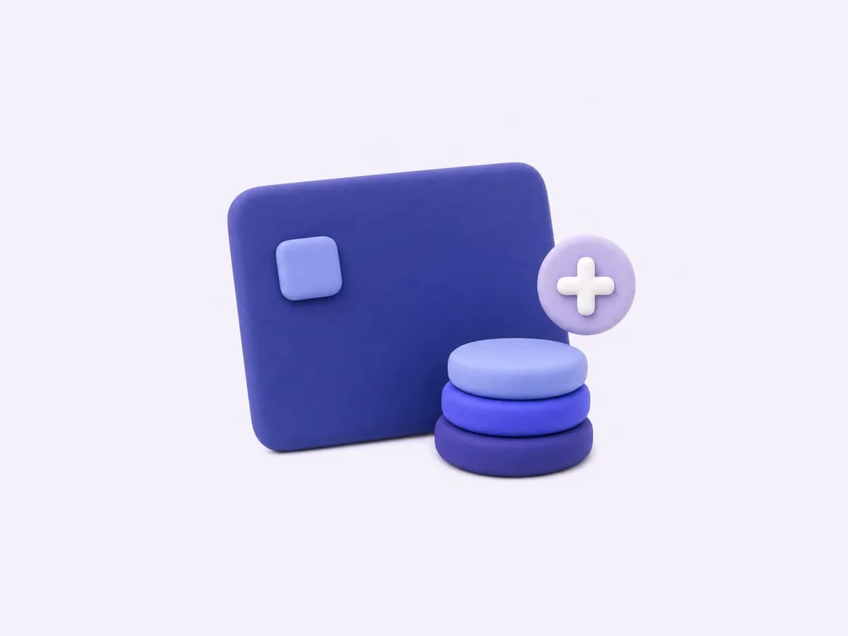 A clay payment card with a stack of coins and a plus badge