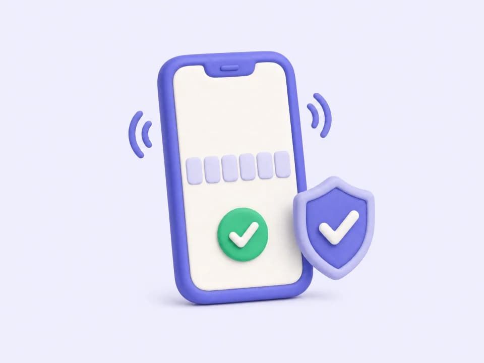 A ringing phone showing a code, next to a shield with a check mark