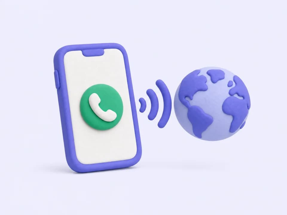 A phone with a green call button and sound waves reaching a globe