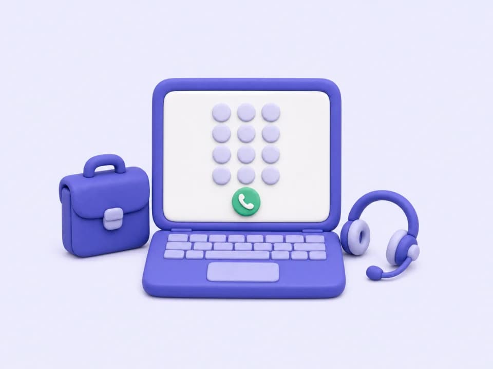 A laptop showing a keypad and a call button, next to a briefcase and a headset