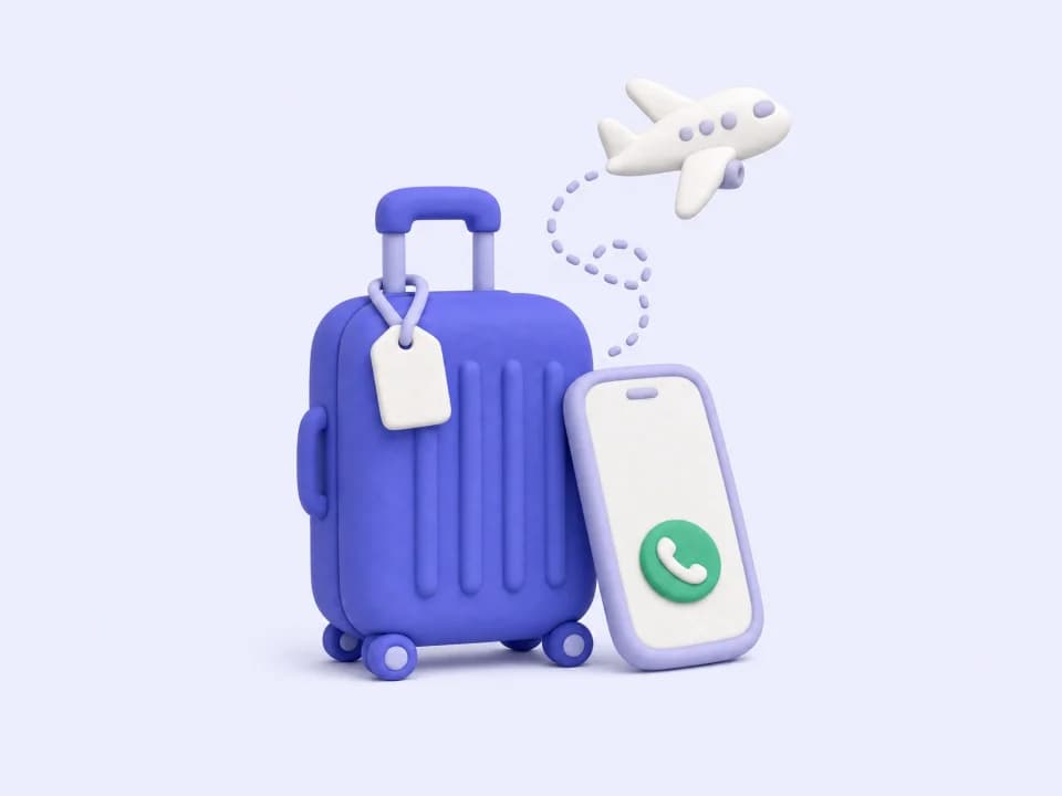 A suitcase with a phone showing a call button, and a plane flying above