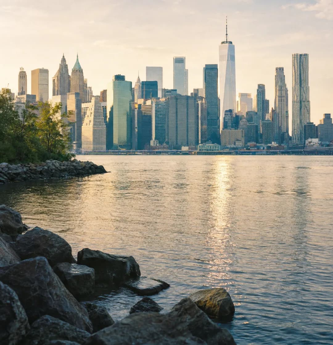 The Manhattan skyline at golden hour, with a phone on a call to the United Kingdom