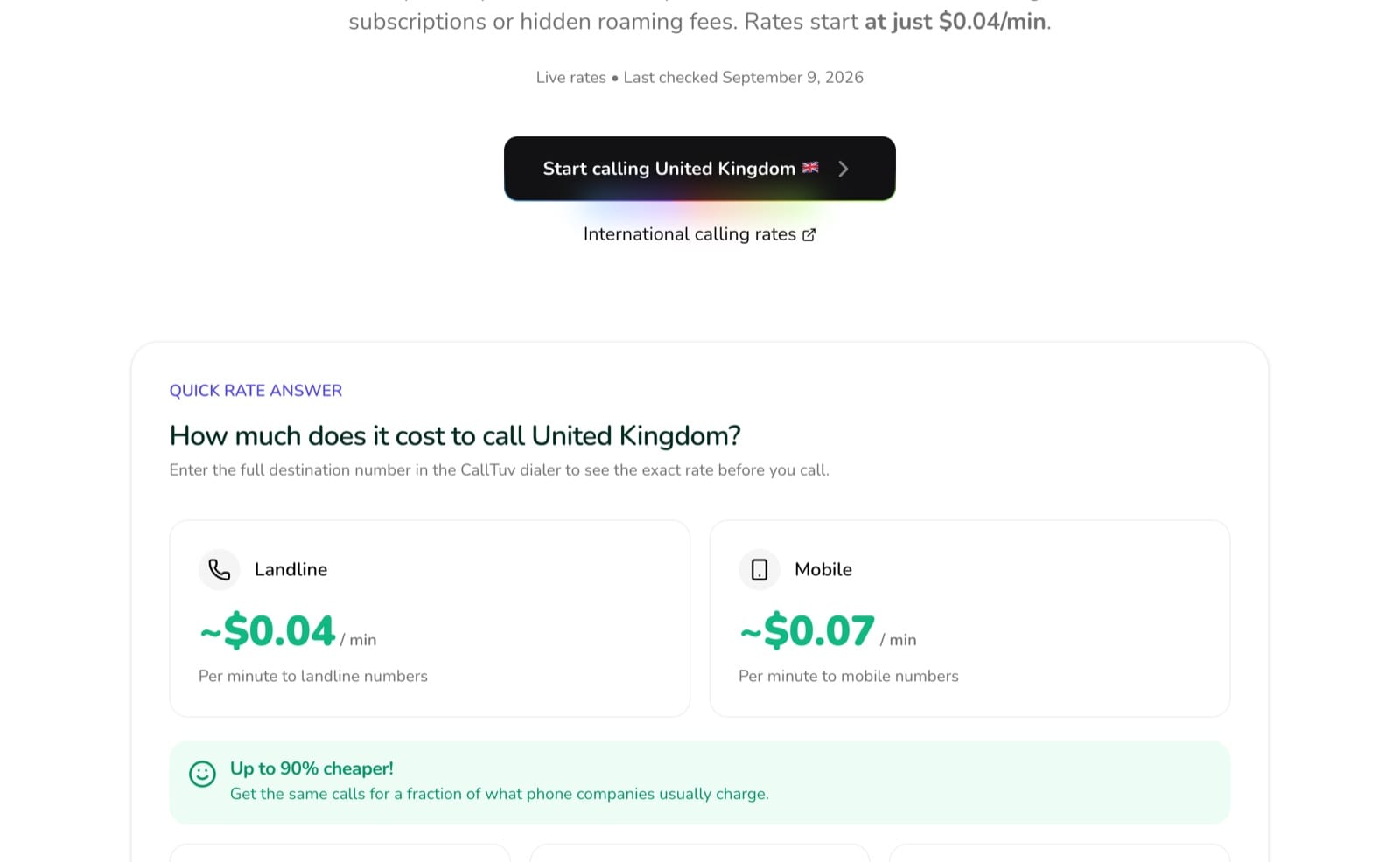 CallTuv's United Kingdom rate page showing a landline rate of $0.04 per minute and a mobile rate of $0.07 per minute, dated 9 September 2026.