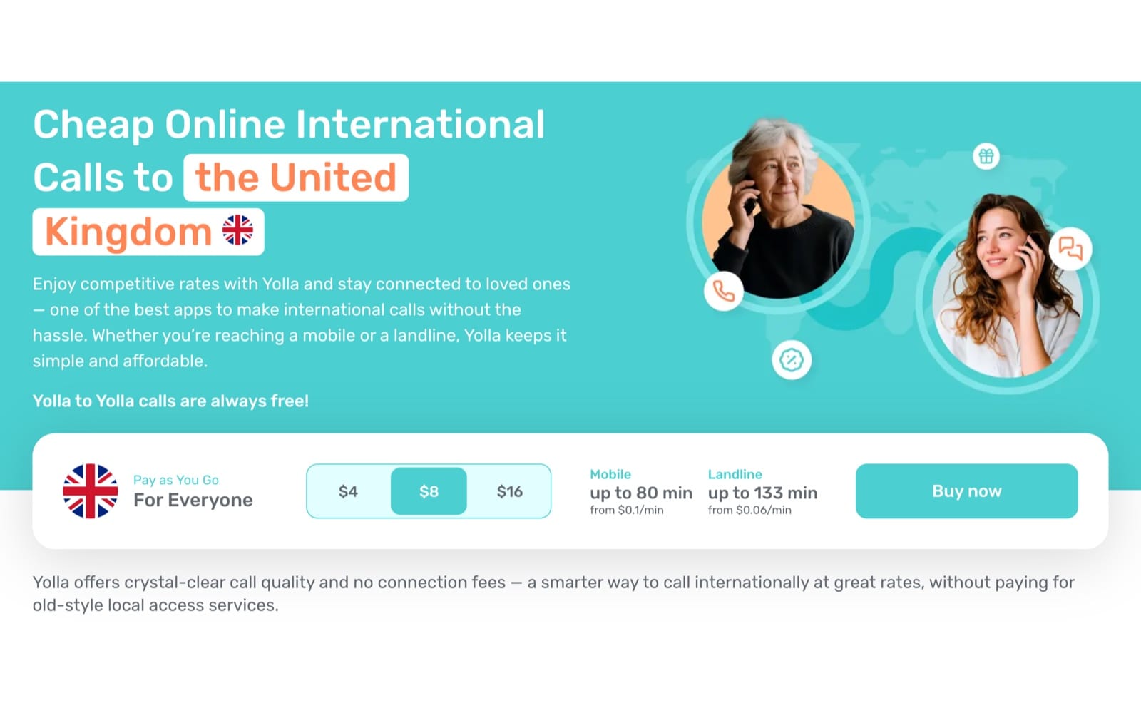 Yolla's United Kingdom rates page showing landline calls from $0.06 per minute and mobile calls from $0.10 per minute.