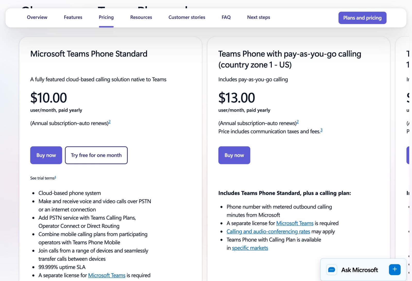 Microsoft Teams Phone pricing showing Teams Phone Standard at $10.00 per user per month and Teams Phone with pay-as-you-go calling at $13.00 per user per month, both noting a separate Teams license is required.