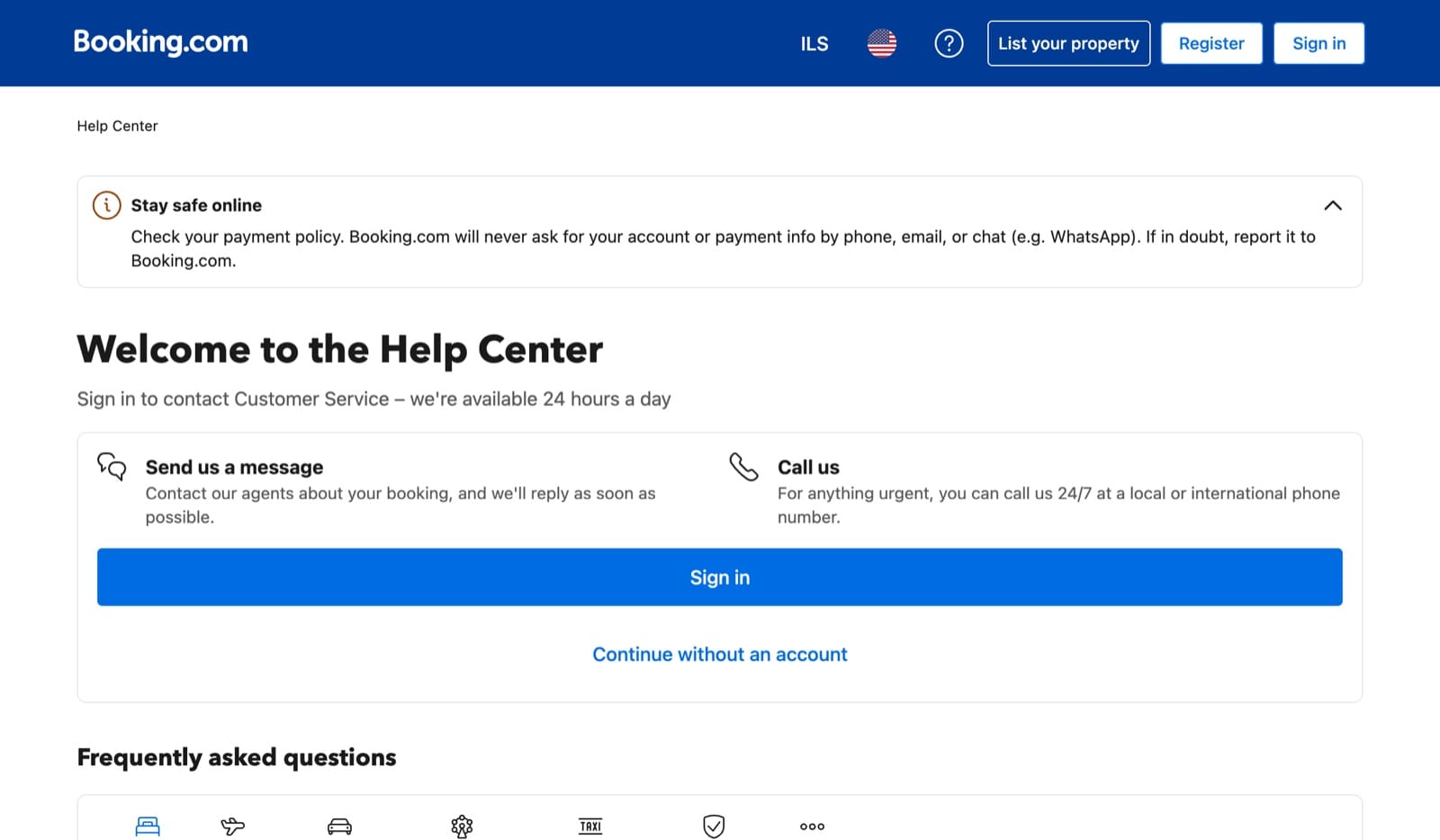 Booking.com Help Center page: Call us 24/7 at a local or international phone number, with a Sign in button and no number shown