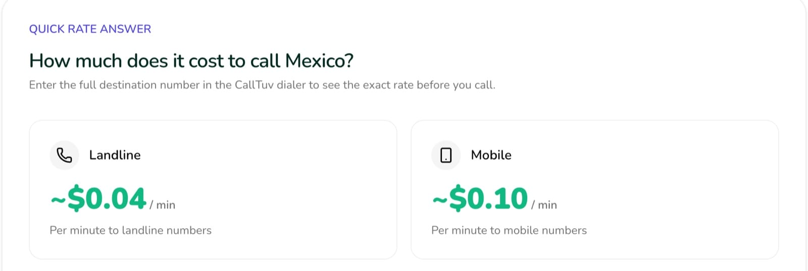 CallTuv's live rate page for Mexico showing about $0.04 a minute to landlines and about $0.10 a minute to mobiles, with a note that the dialer shows the exact rate before you call.