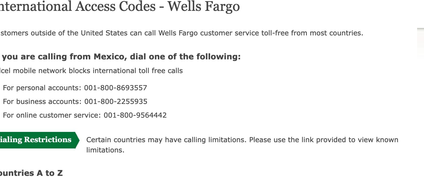 Wells Fargo international access codes page, with a note that the Telcel mobile network blocks international toll free calls from Mexico.