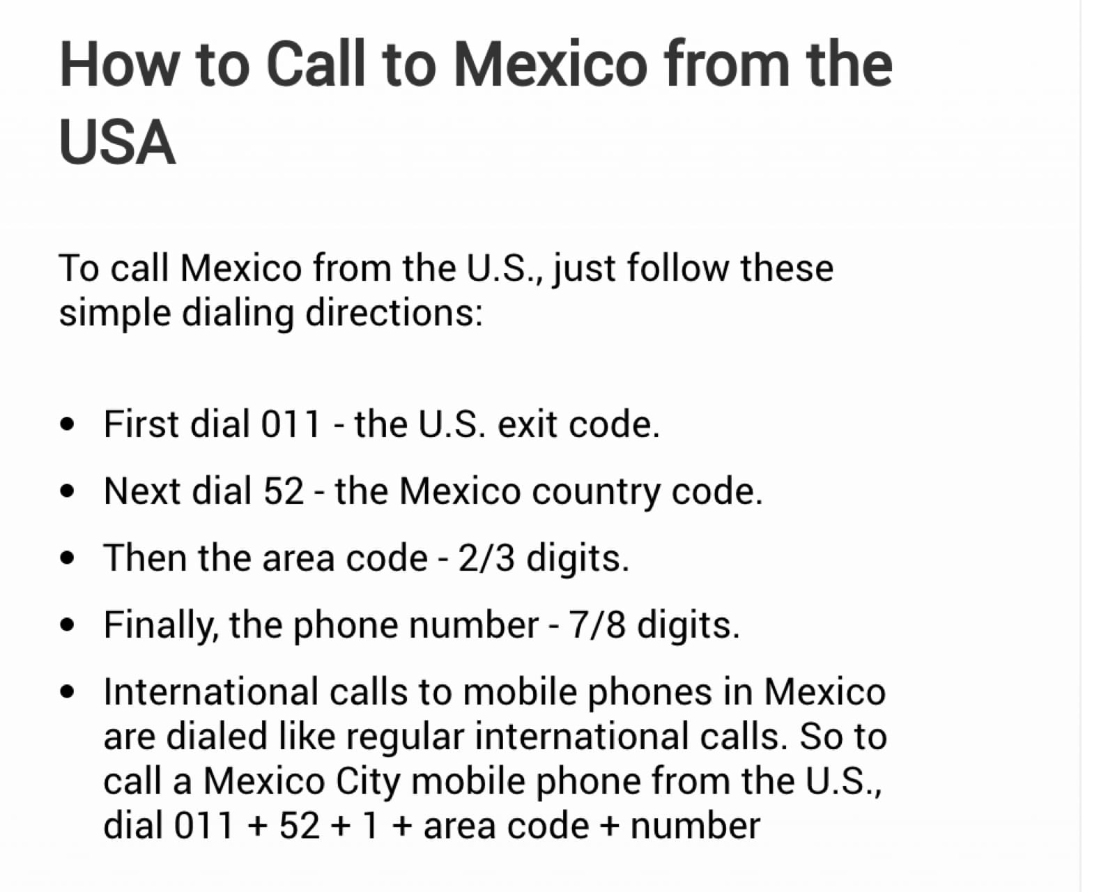 Vonage's How to Call to Mexico from the USA page: international calls to mobile phones in Mexico are dialed 011 + 52 + 1 + area code + number.