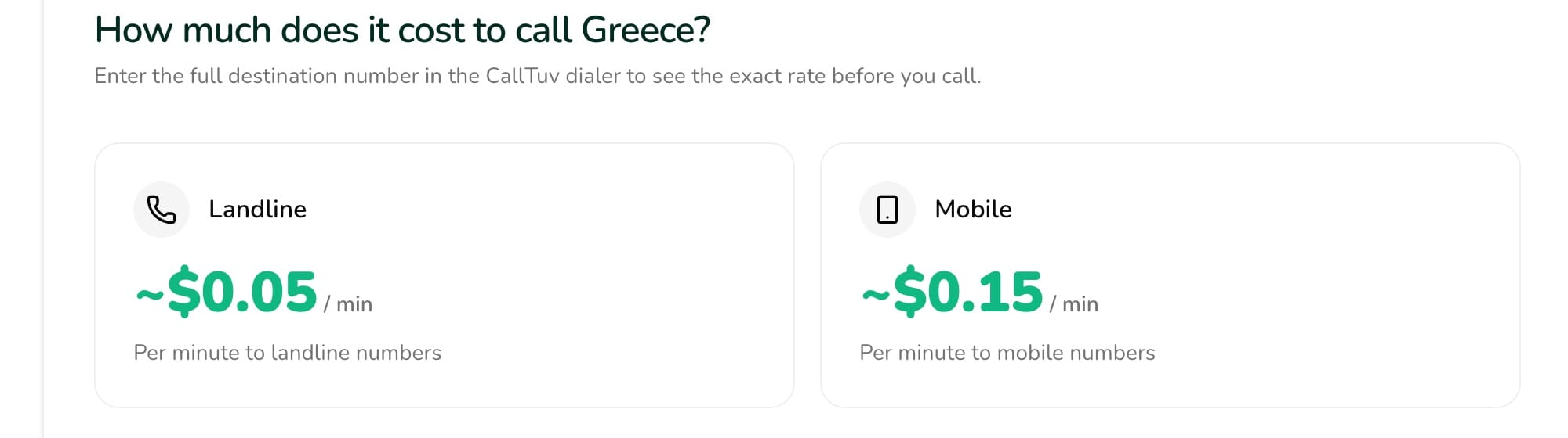 CallTuv rate page for Greece: about $0.05 a minute to landline numbers and about $0.15 a minute to mobile numbers.