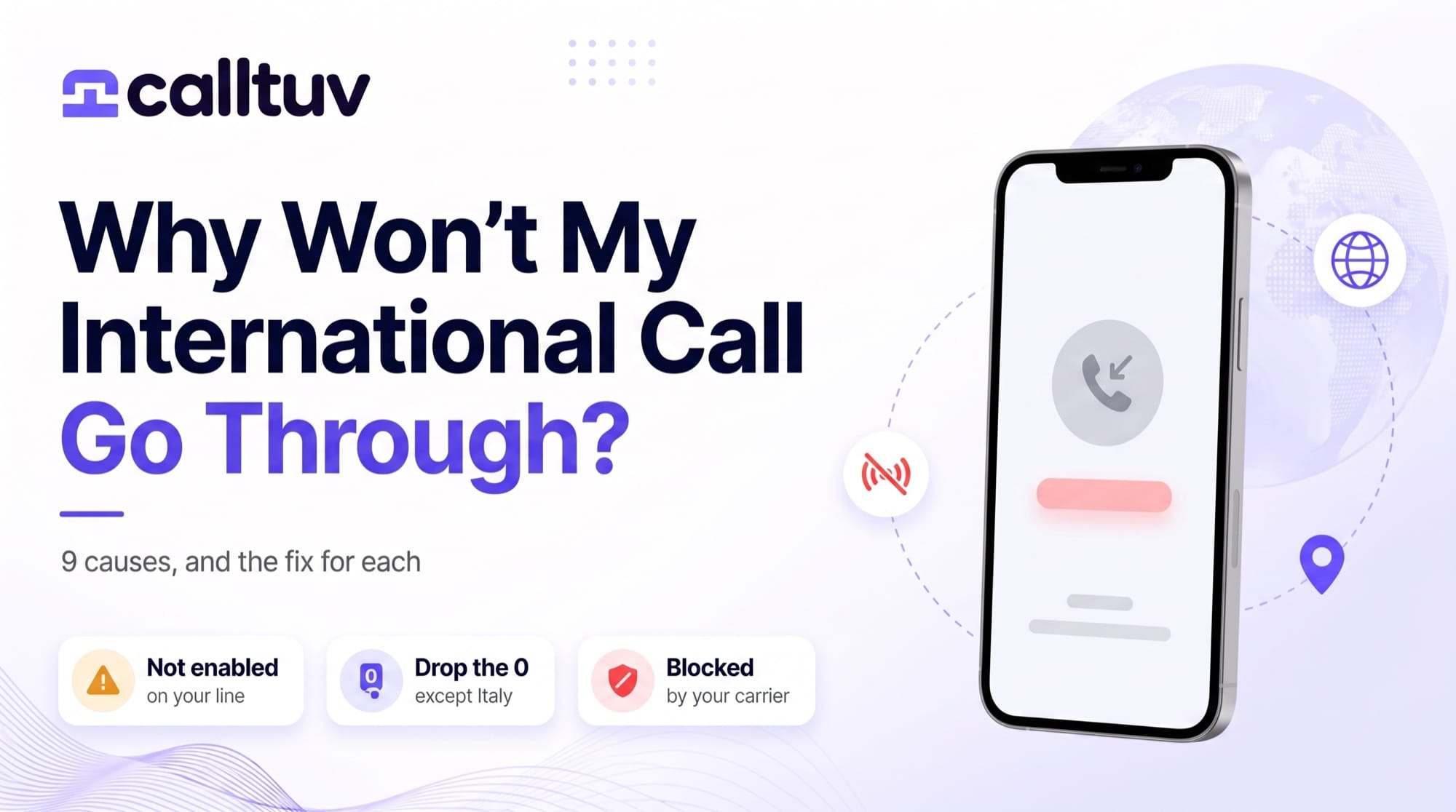 Why Won't My International Call Go Through? Cover showing a phone with a failed call and badges reading Not enabled on your line, Drop the 0 except Italy, Blocked by your carrier