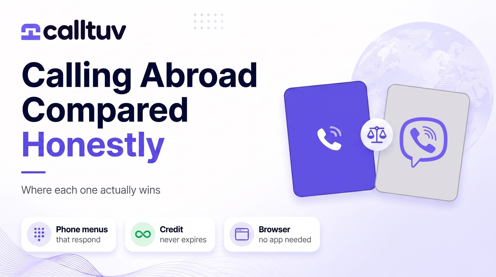 CallTuv vs Viber Out cover: two option cards on a balance scale, one showing a phone handset and one the Viber logo