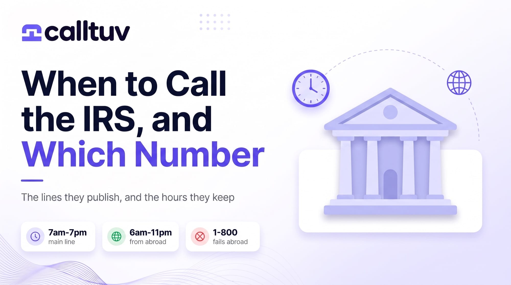 When to Call the IRS cover with a civic building, a clock and a globe, and badges reading 7am-7pm main line, 6am-11pm from abroad, 1-800 fails abroad