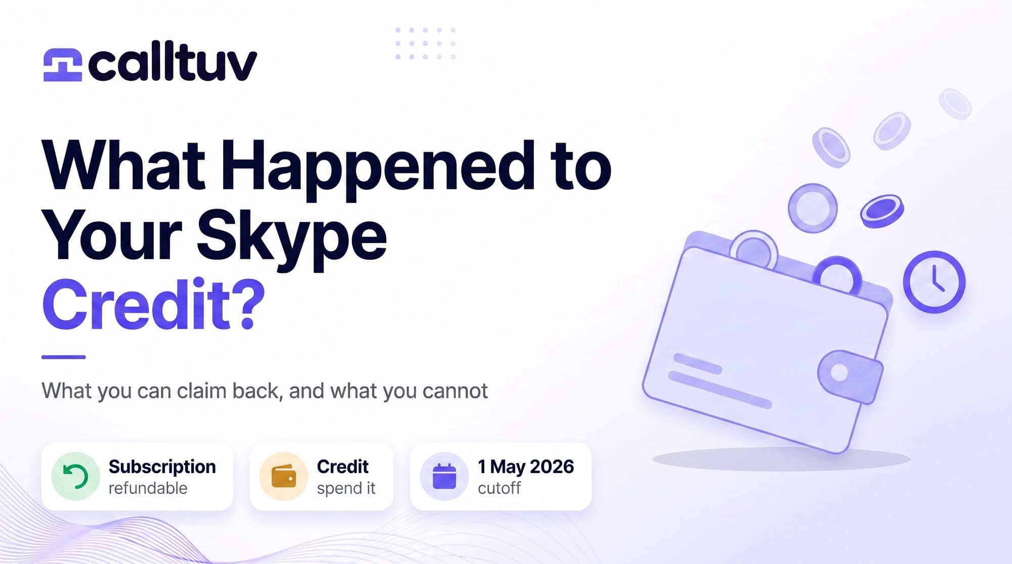 What Happened to Your Skype Credit? Cover with a wallet losing coins and badges reading Subscription refundable, Credit spend it, 1 May 2026 cutoff