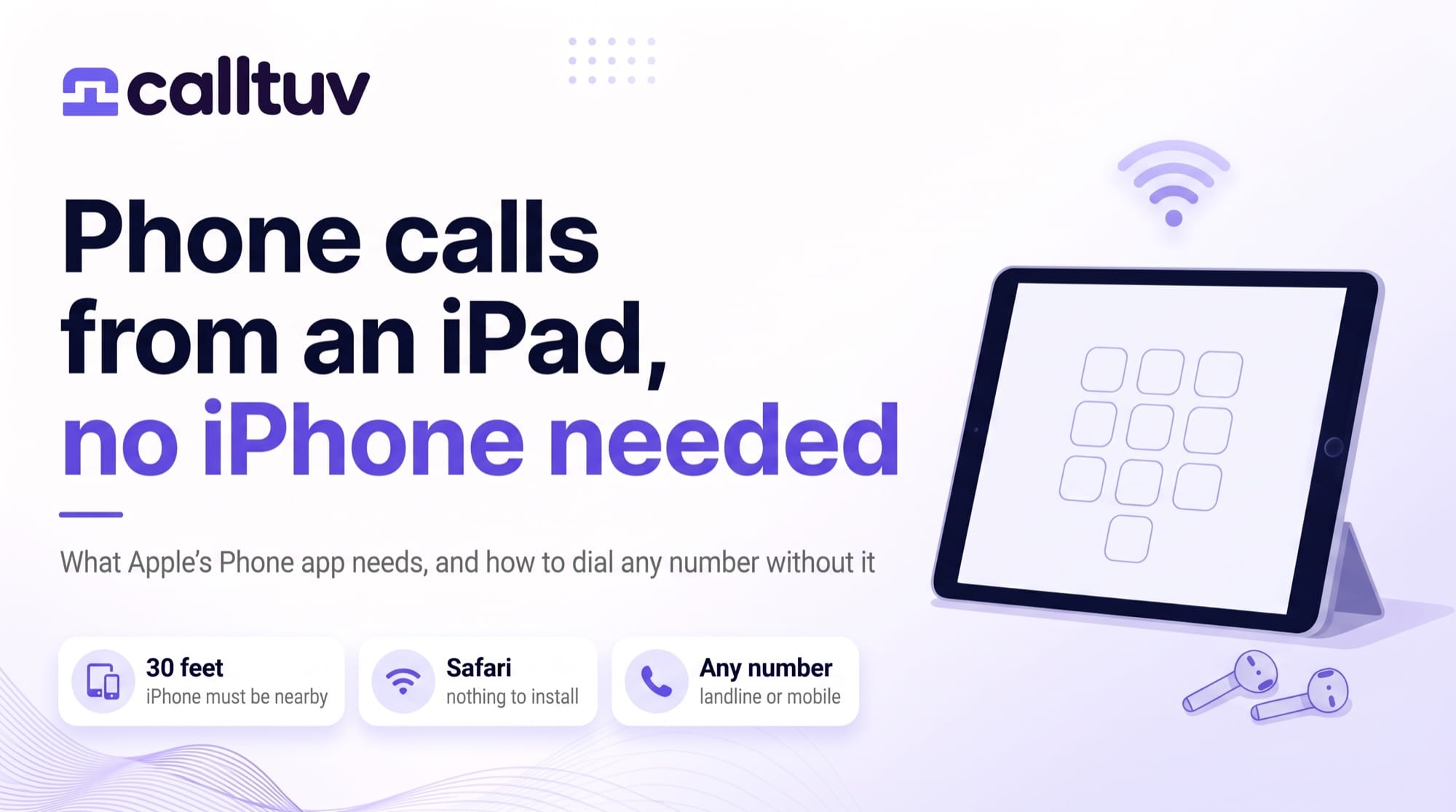 An iPad on a stand showing a dial pad, earbuds beside it. Headline: Phone calls from an iPad, no iPhone needed. Badges: 30 feet, iPhone must be nearby; Safari, nothing to install; Any number.
