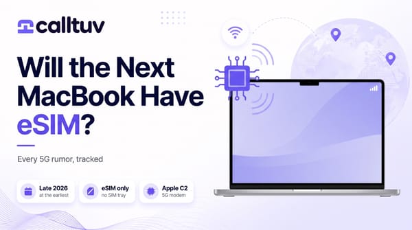 Will the Next MacBook Have eSIM? Cover showing a laptop with a 5G chip icon and badges reading Late 2026 at the earliest, eSIM only no SIM tray, Apple C2 5G modem