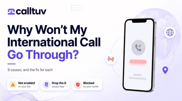Why Won't My International Call Go Through? Cover showing a phone with a failed call and badges reading Not enabled on your line, Drop the 0 except Italy, Blocked by your carrier