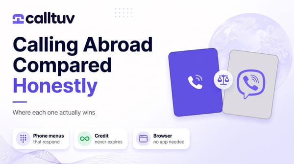CallTuv vs Viber Out cover: two option cards on a balance scale, one showing a phone handset and one the Viber logo