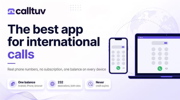 Best app for international calls: one balance across Android, iPhone and browser, 232 destinations, credit that never expires, from $0.03 a minute.