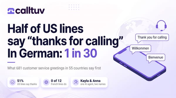 Cover: half of US lines say thanks for calling, in German 1 in 30. 51% of US lines say thanks, 0 of 12 French lines do, Booking.com AI is Kayla and Anna.