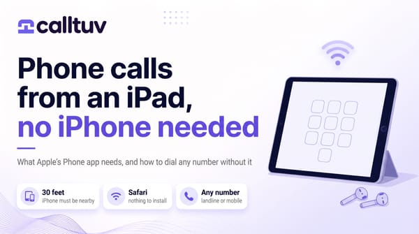 An iPad on a stand showing a dial pad, earbuds beside it. Headline: Phone calls from an iPad, no iPhone needed. Badges: 30 feet, iPhone must be nearby; Safari, nothing to install; Any number.