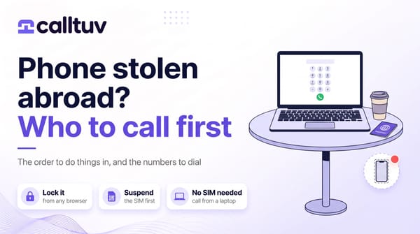Phone stolen abroad? Who to call first. A laptop on a cafe table showing a dial pad, next to a passport, with a missing phone icon.