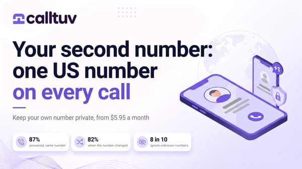 Cover: your second number, one US number on every call. 87% of repeat calls answered with the same number, 82% when it changed, 8 in 10 ignore unknown numbers.