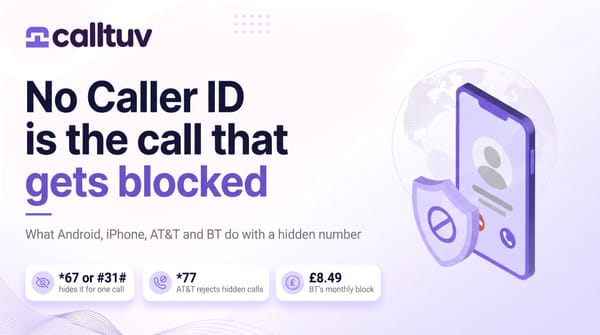 Blog cover: No Caller ID is the call that gets blocked, with badges for *67 or #31#, AT&T's *77 and BT's £8.49 monthly block